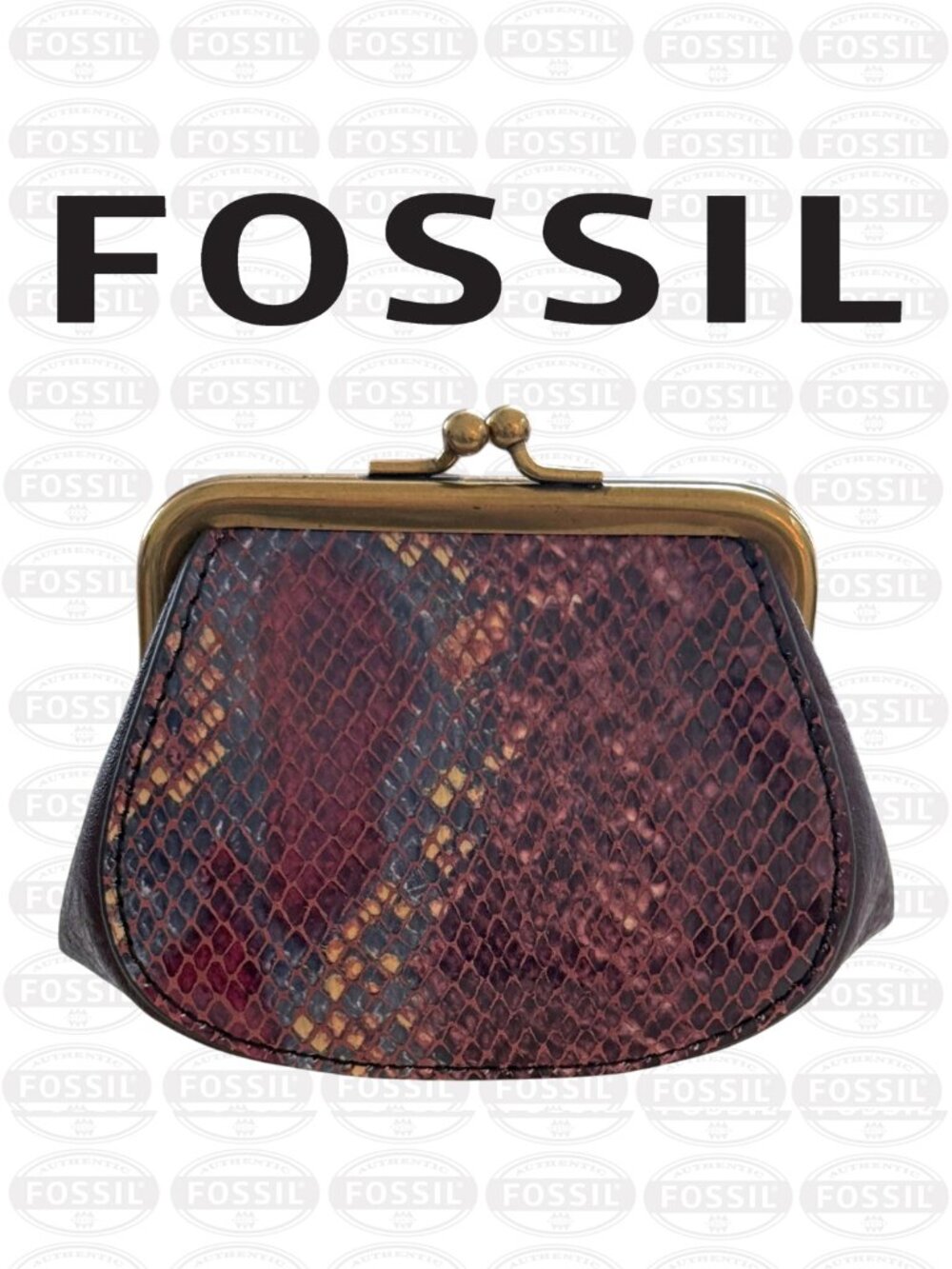 Fossil  Kiss Lock Pouch Purple Burgundy Leather With Snakeskin Pattern On Front